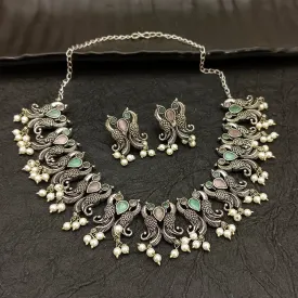 Bhavi Jewel Oxidised Plated Pearl Necklace Set