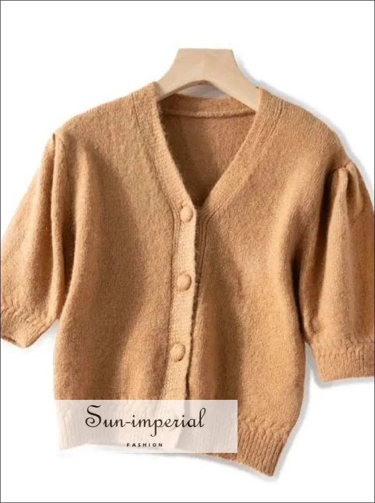 Green Women Short Sleeve Knitted Cardigan Single Breasted Sweater top