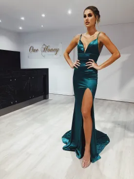 Honey Couture AISHA Emerald Green Low Back Mermaid Evening Gown Dress