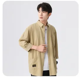 Khaki korean-style relaxed shirt with three-fourth sleeve