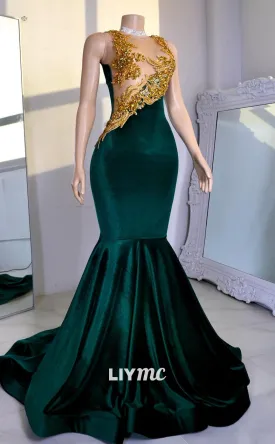 LP2225 - Scoop Sleeveless Appliques Beaded Mermaid Prom Dress for Black Girls