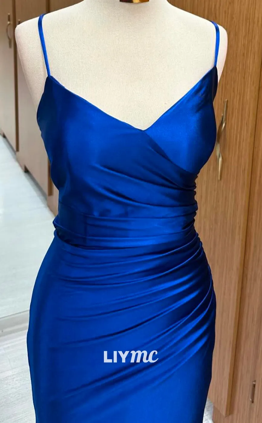 LP2256 - V-Neck Spaghetti Straps Pleated Sleek Satin Sheath Cocktail Dress Prom Dress