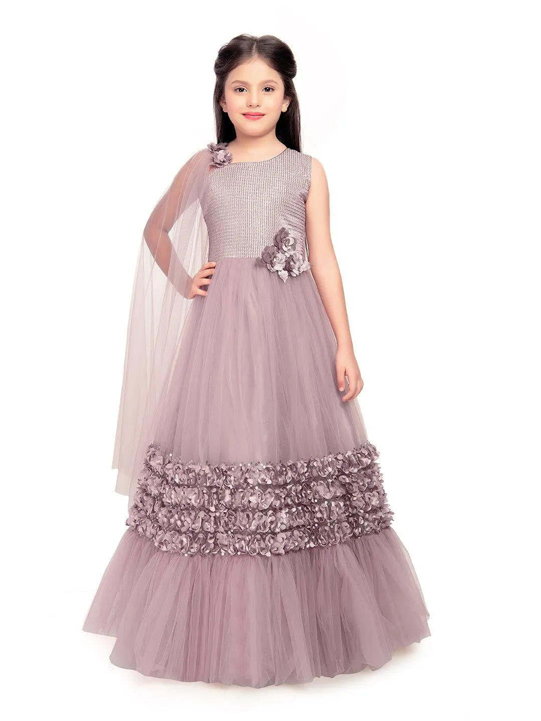 One Side Sleeves Trendy Look Orchid Coloured Gown For Girl